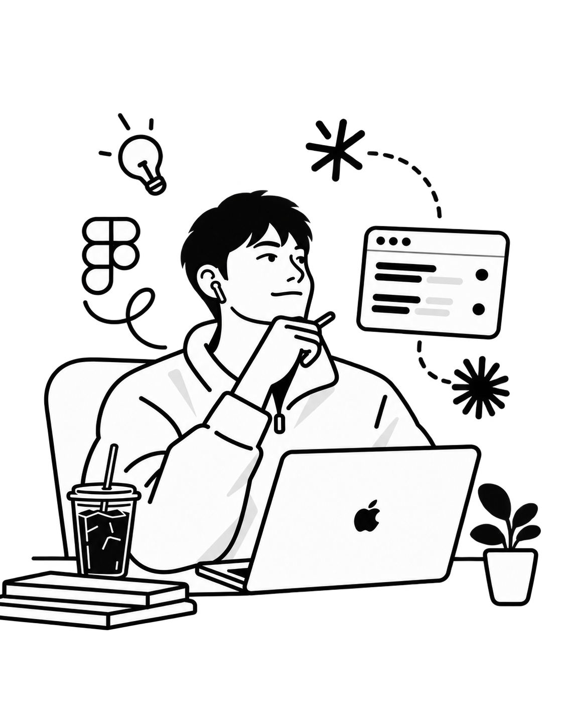 Line illustration of Kevin at his desk, thinking, with a laptop, a browser mockup, and a plant.